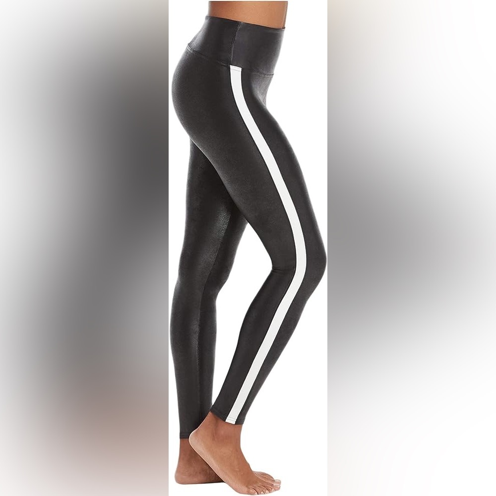 SPANX Faux Leather Leggings Side Stripe White Moto size Medium